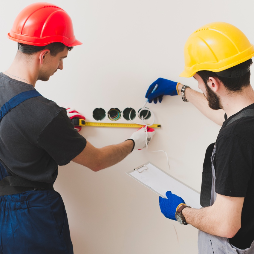 Deux électriciens travaillent à l'intérieur d'un bâtiment.